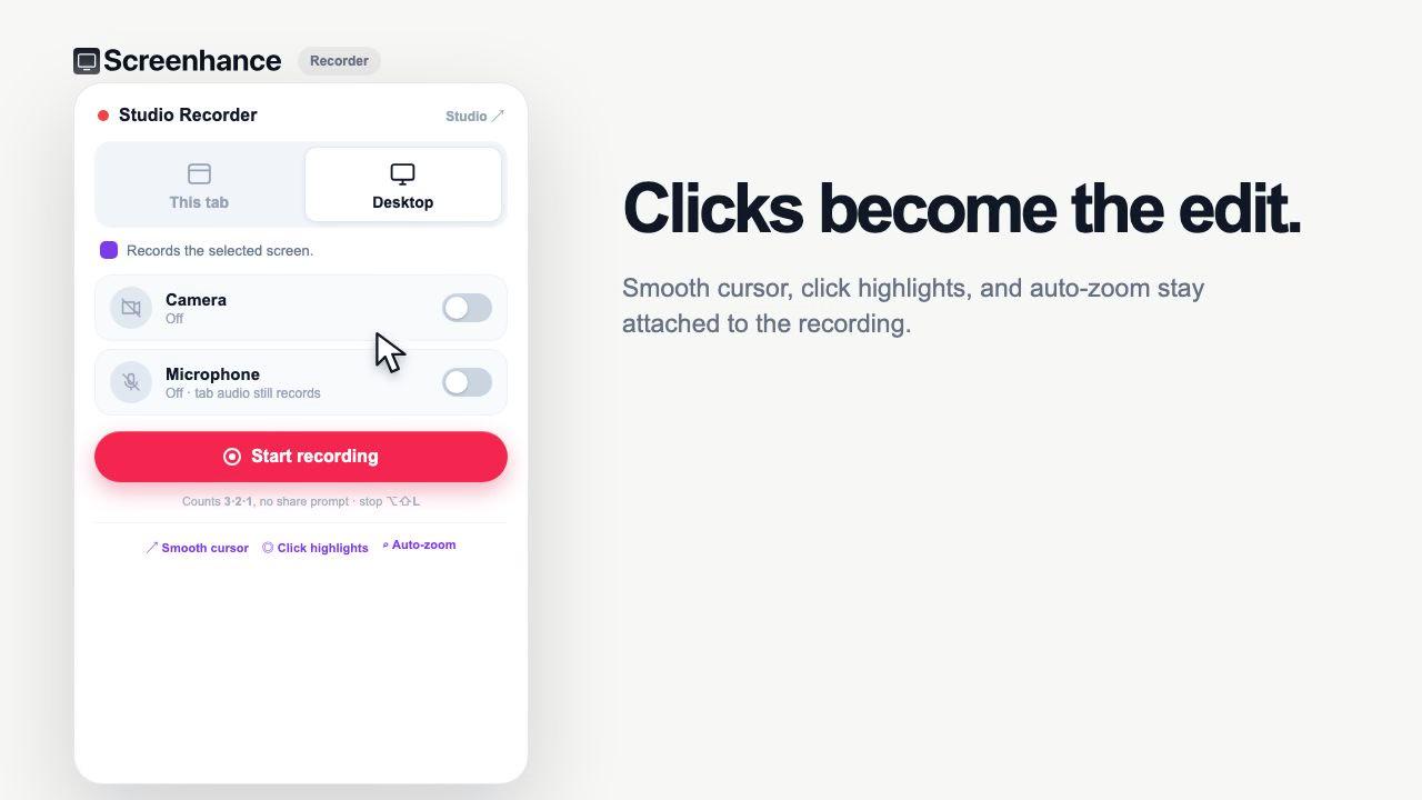 Screenhance Chrome extension recording a desktop with cursor and click data