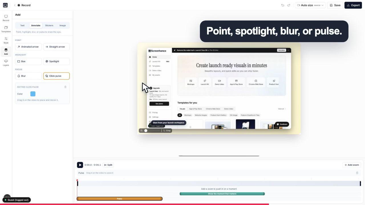 Screenhance Studio annotation controls with click pulse and caption tracks