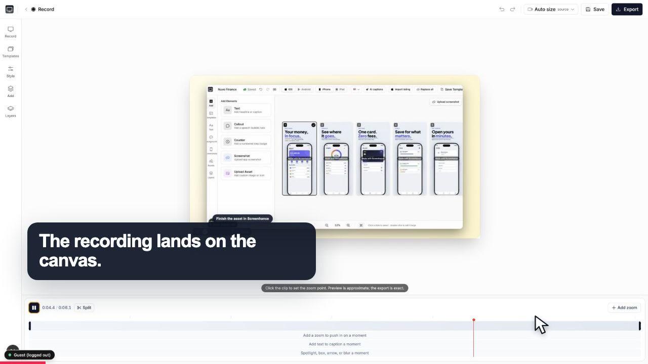 A screen recording open on the Screenhance Studio canvas