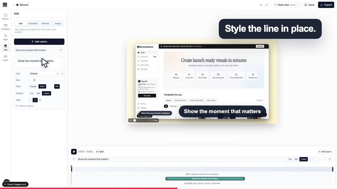 Screenhance Studio editor showing caption styling controls and a populated caption timeline