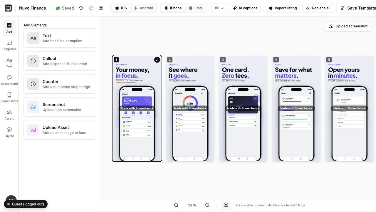 Screenhance App Store editor with a five-slide iPhone screenshot set