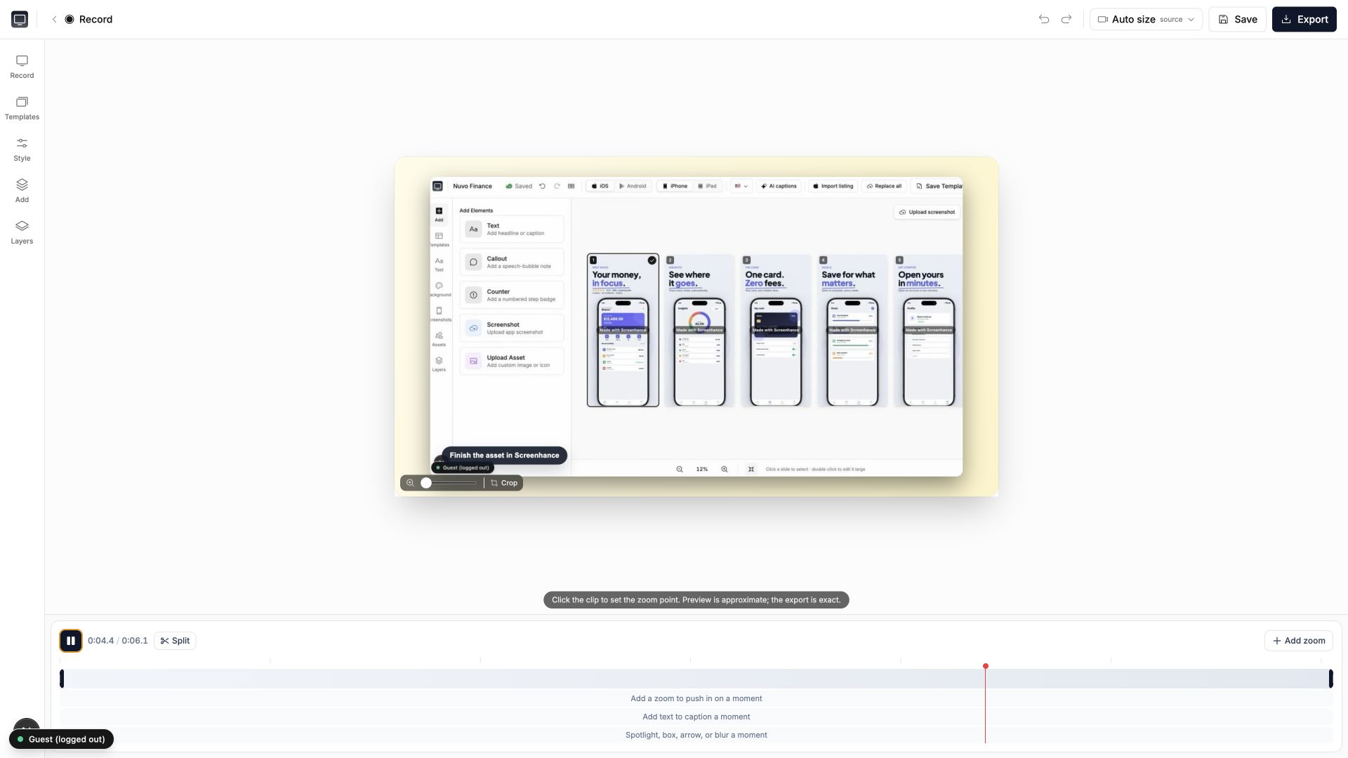 A recorded product demo being edited in Screenhance Studio