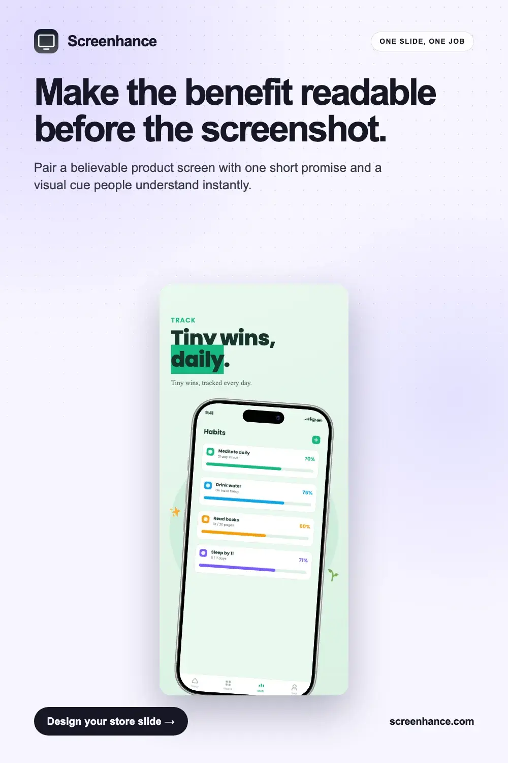 Benefit-led App Store screenshot example with a large mobile interface and clear caption