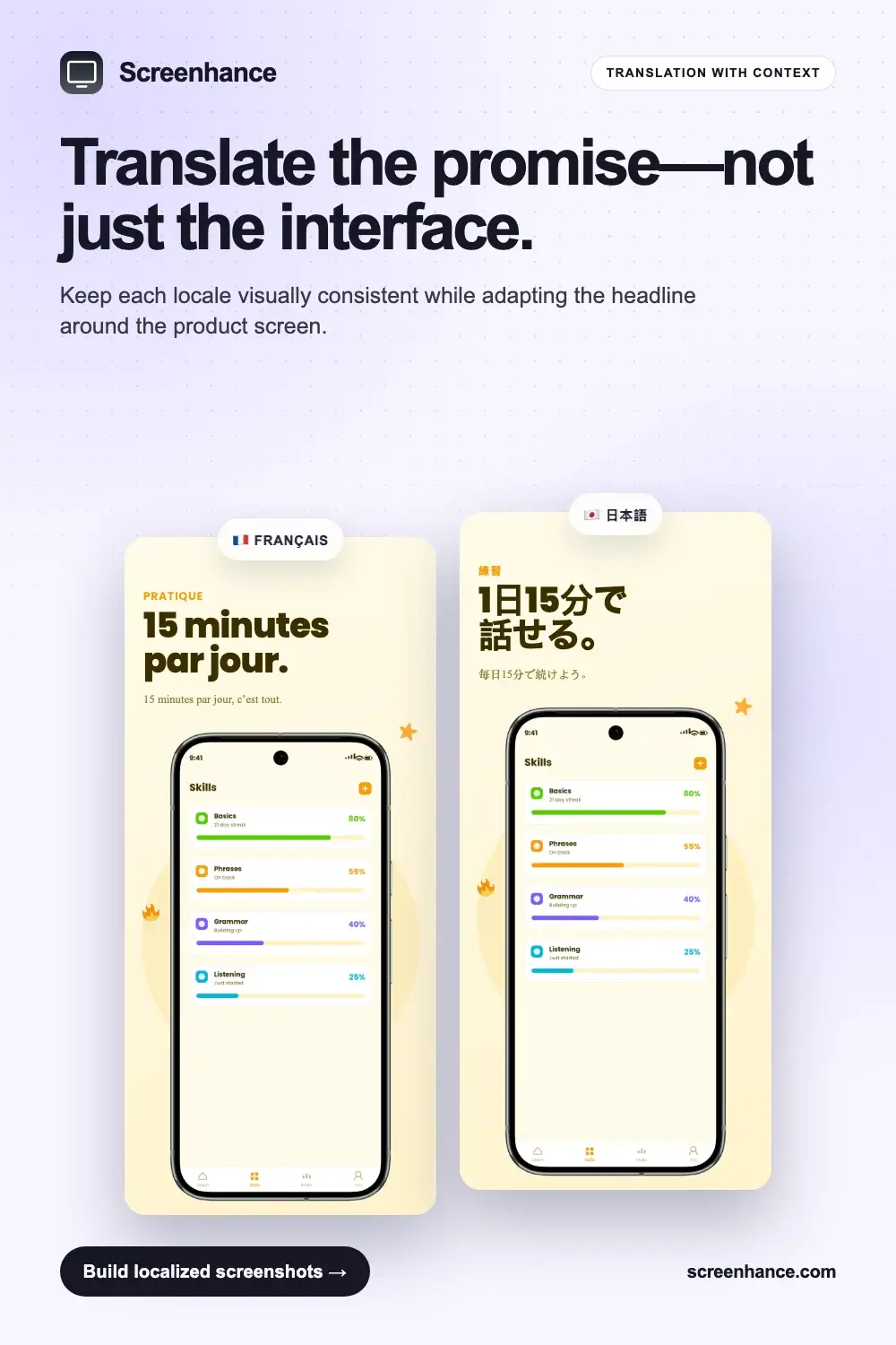 App Store screenshot localisation example with consistent phones, typography and backgrounds