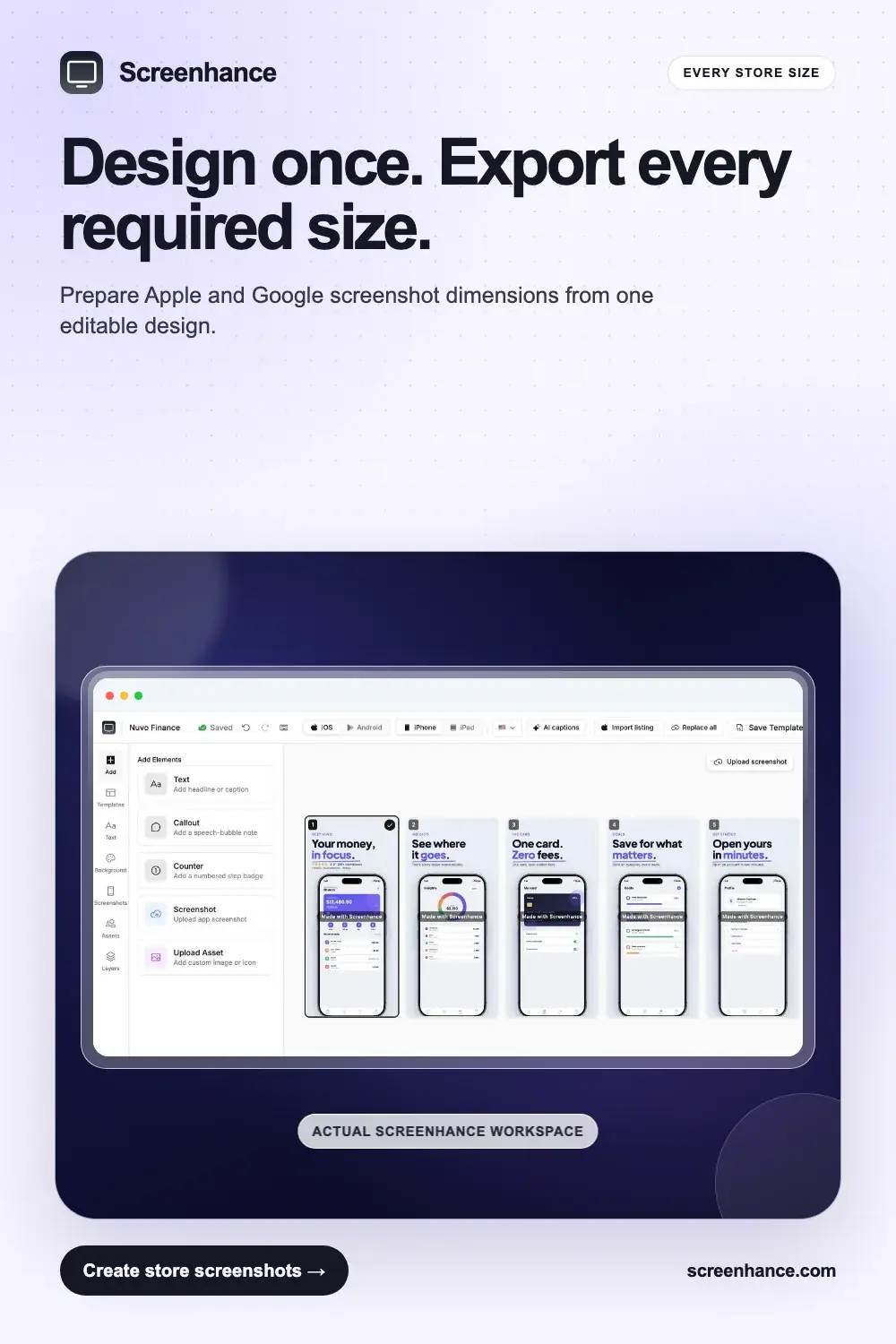 App Store screenshot size examples for different Apple and Google Play devices