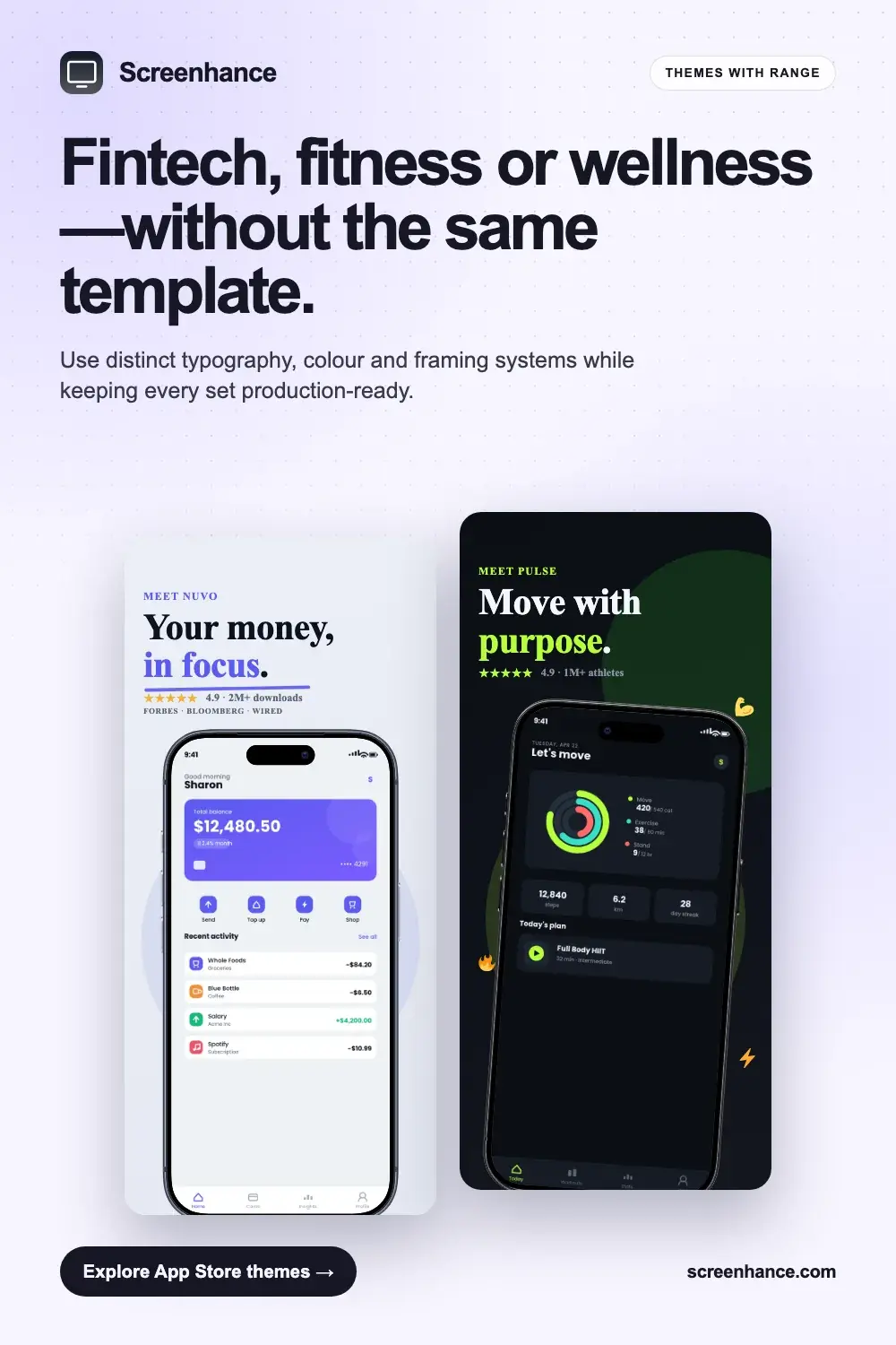App Store screenshot theme examples for fintech, fitness and wellness apps