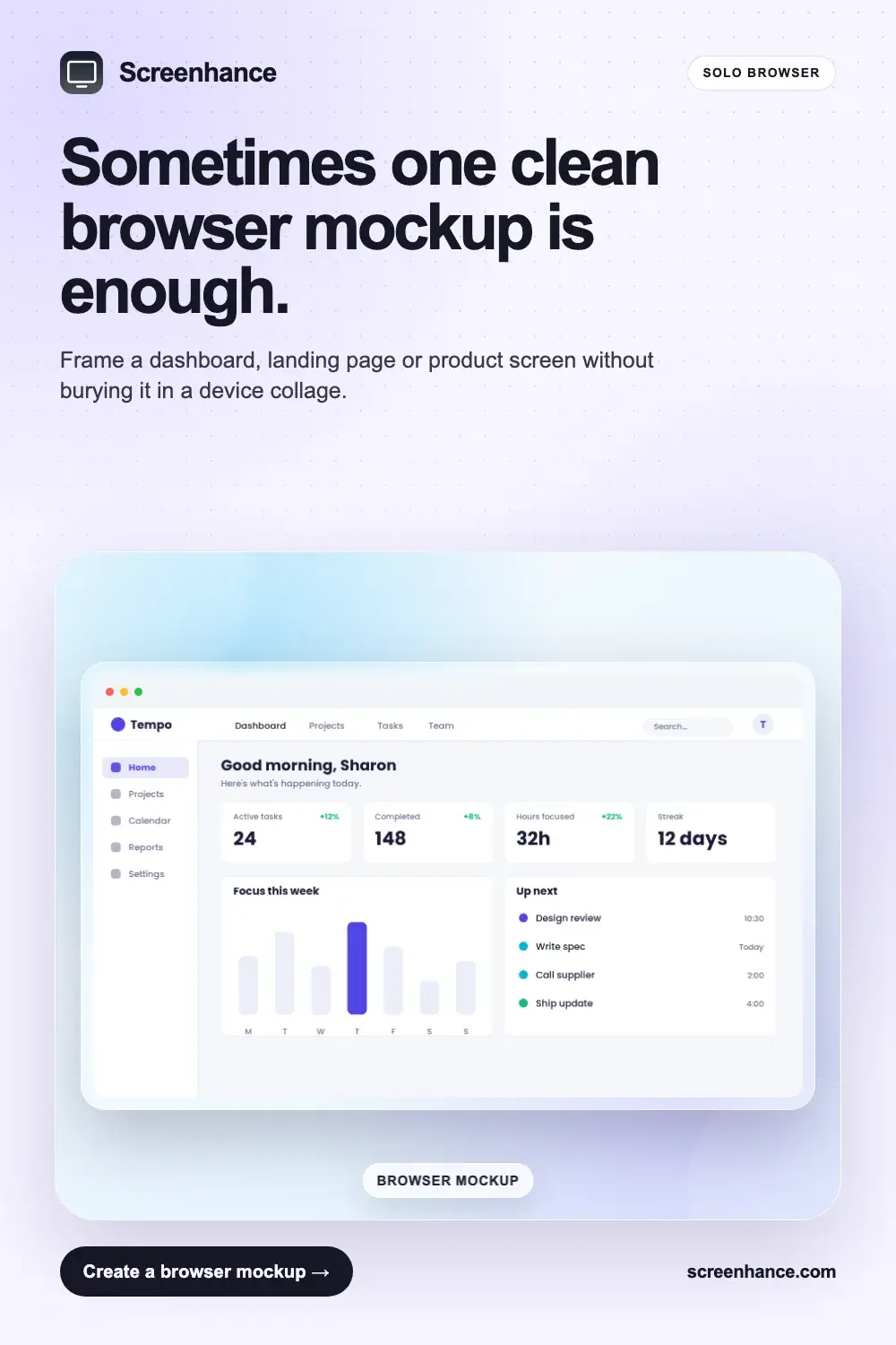 Straight browser mockup example showing a large SaaS interface on a clean background
