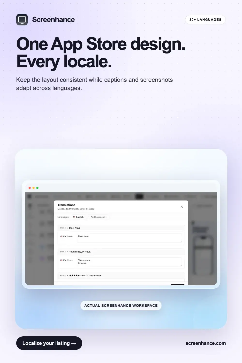 Localized App Store screenshot set showing the same design across multiple languages