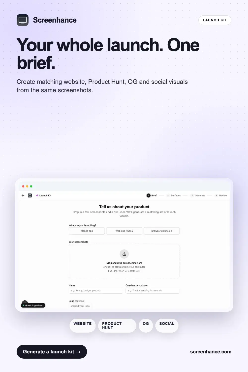 Complete product launch visual kit for a website, Product Hunt and social media