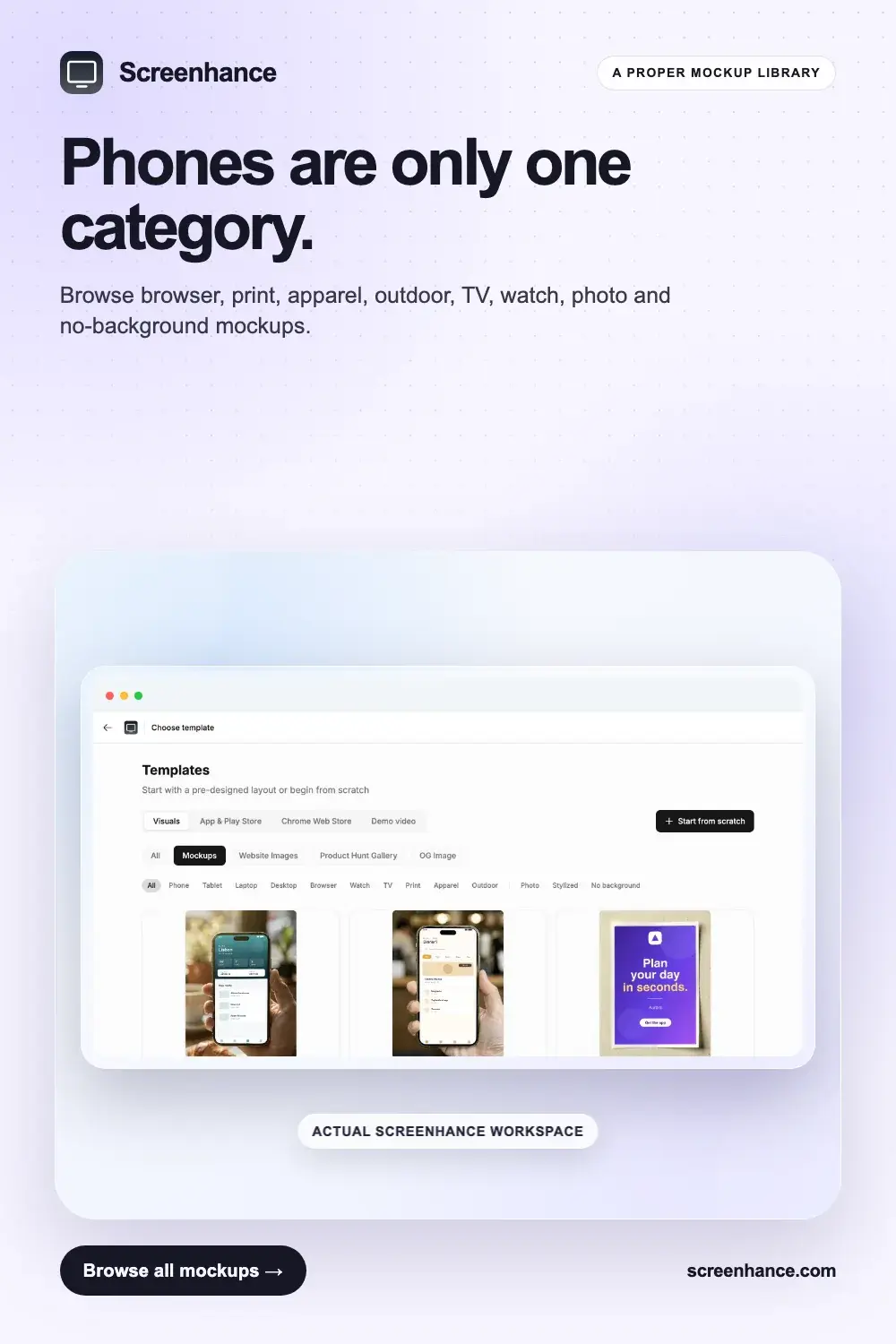 Product mockup library examples covering browser, print, apparel and outdoor formats