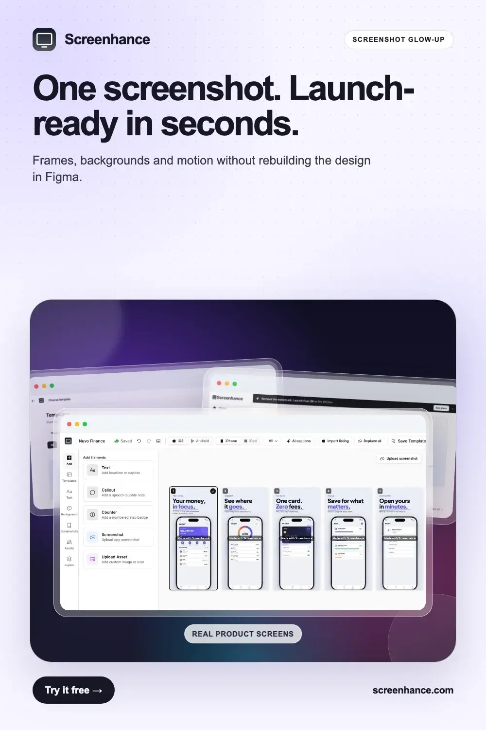 SaaS product launch visual with a large real product screenshot in a polished browser frame