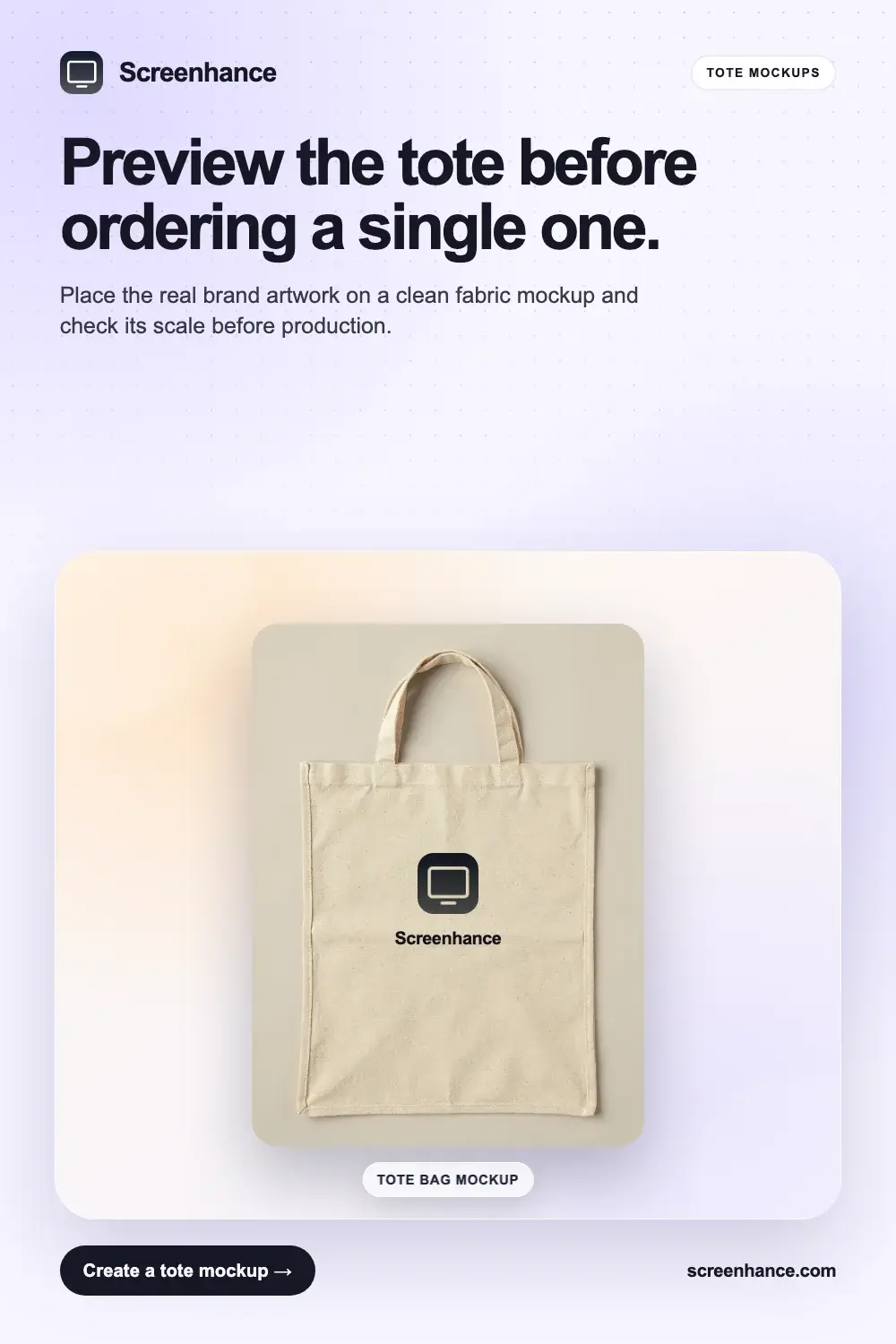Tote bag mockup example with a centered brand design on natural fabric