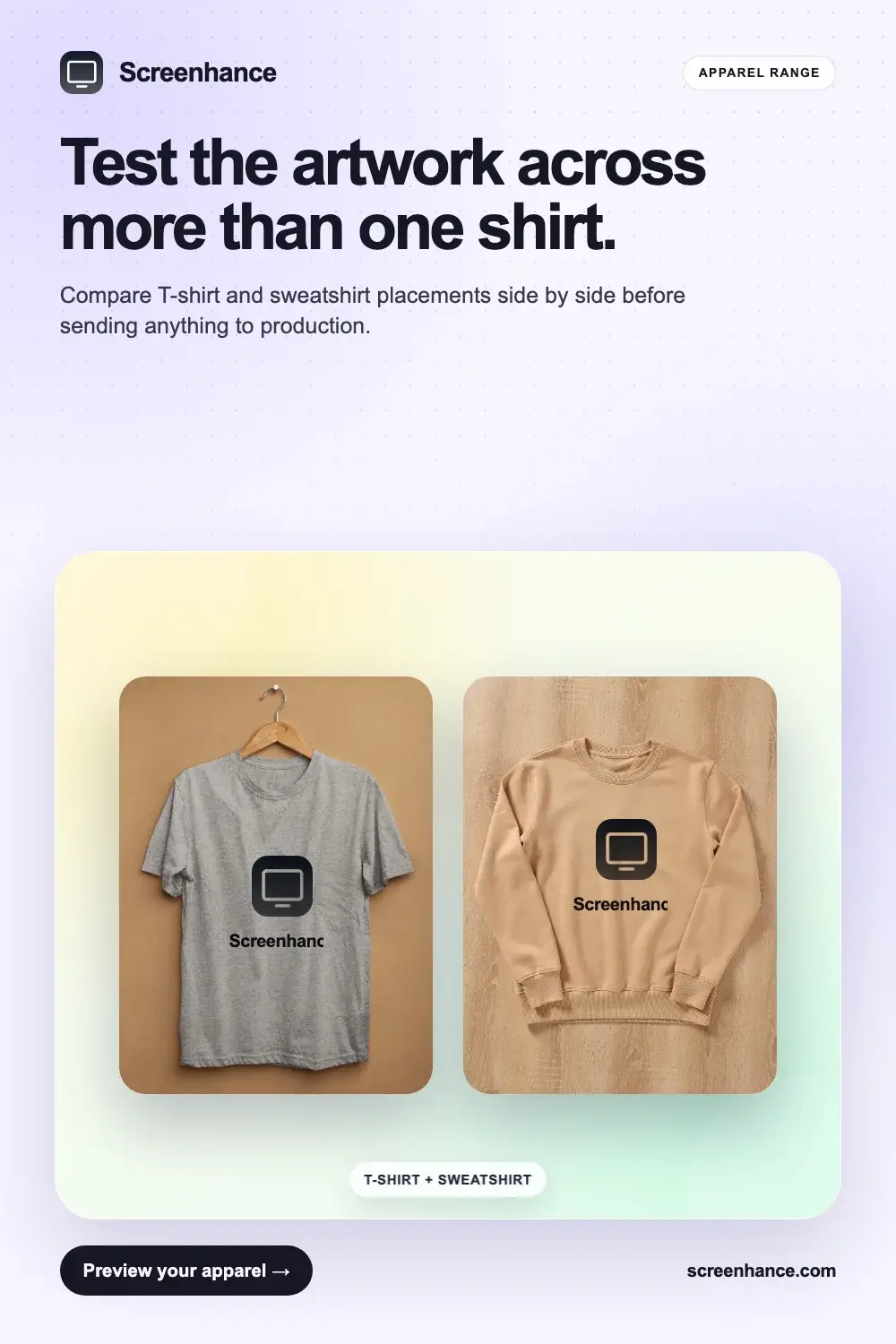 T-shirt and sweatshirt mockup examples with consistent branded artwork