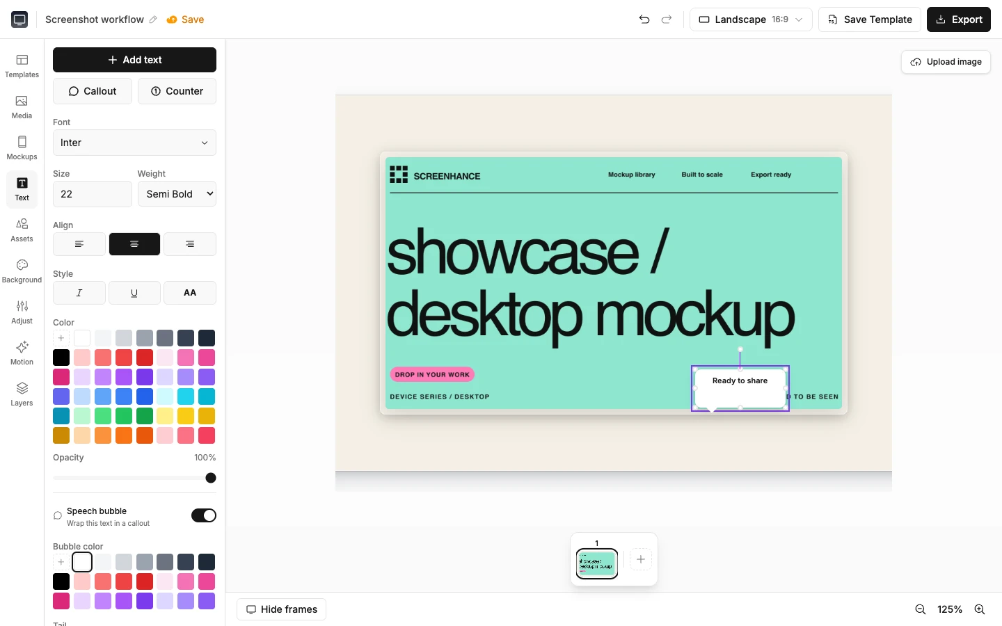 Screenhance editor with the uploaded demo screenshot and an editable caption.