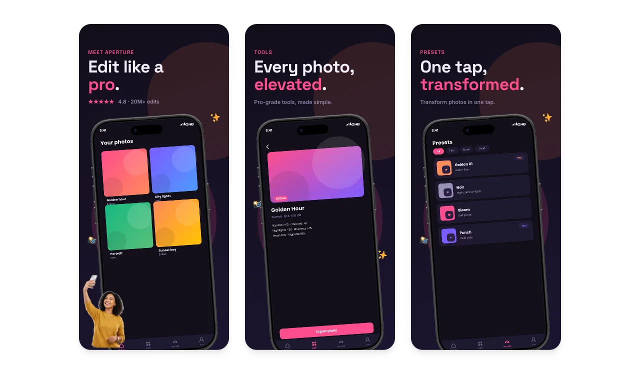 Aperture photo editing app design with colourful preset cards, dark interface screens, and pink accents
