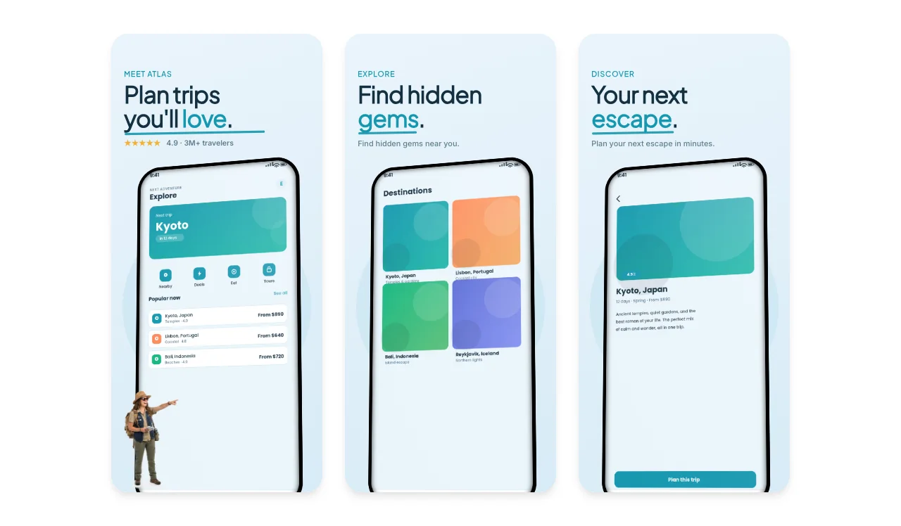 Atlas Travel app design showing trip planning, destination discovery, and a final trip detail screen