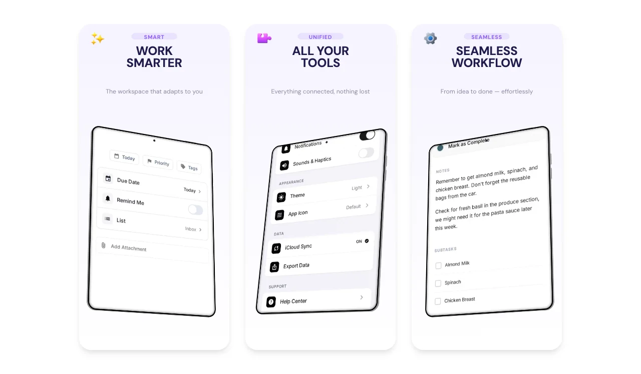 Aurora tablet productivity app design shown on angled tablet screens with task, settings, and notes views