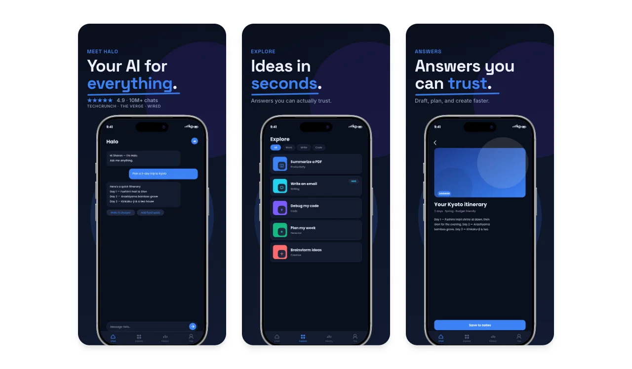Halo AI app design using a dark interface, blue accent colour, and one promise on each slide