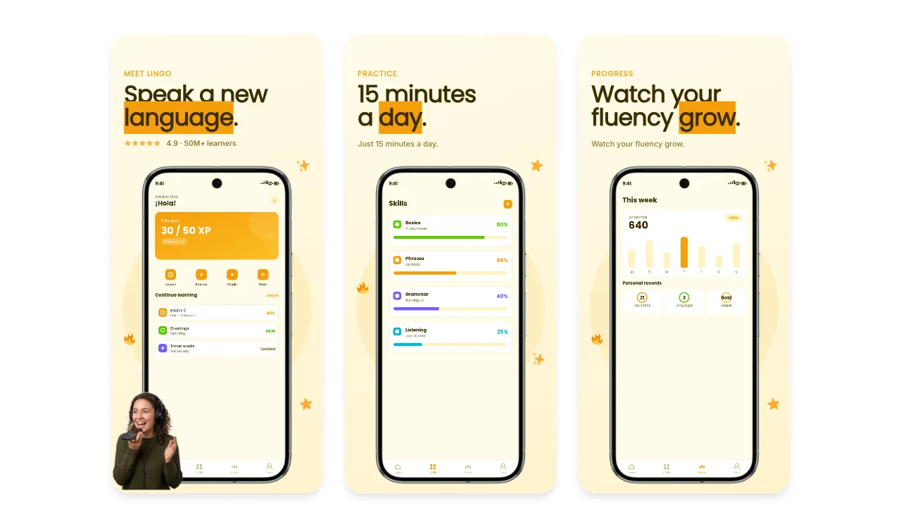 Lingo language-learning app design with highlighted words, practice skills, and fluency progress