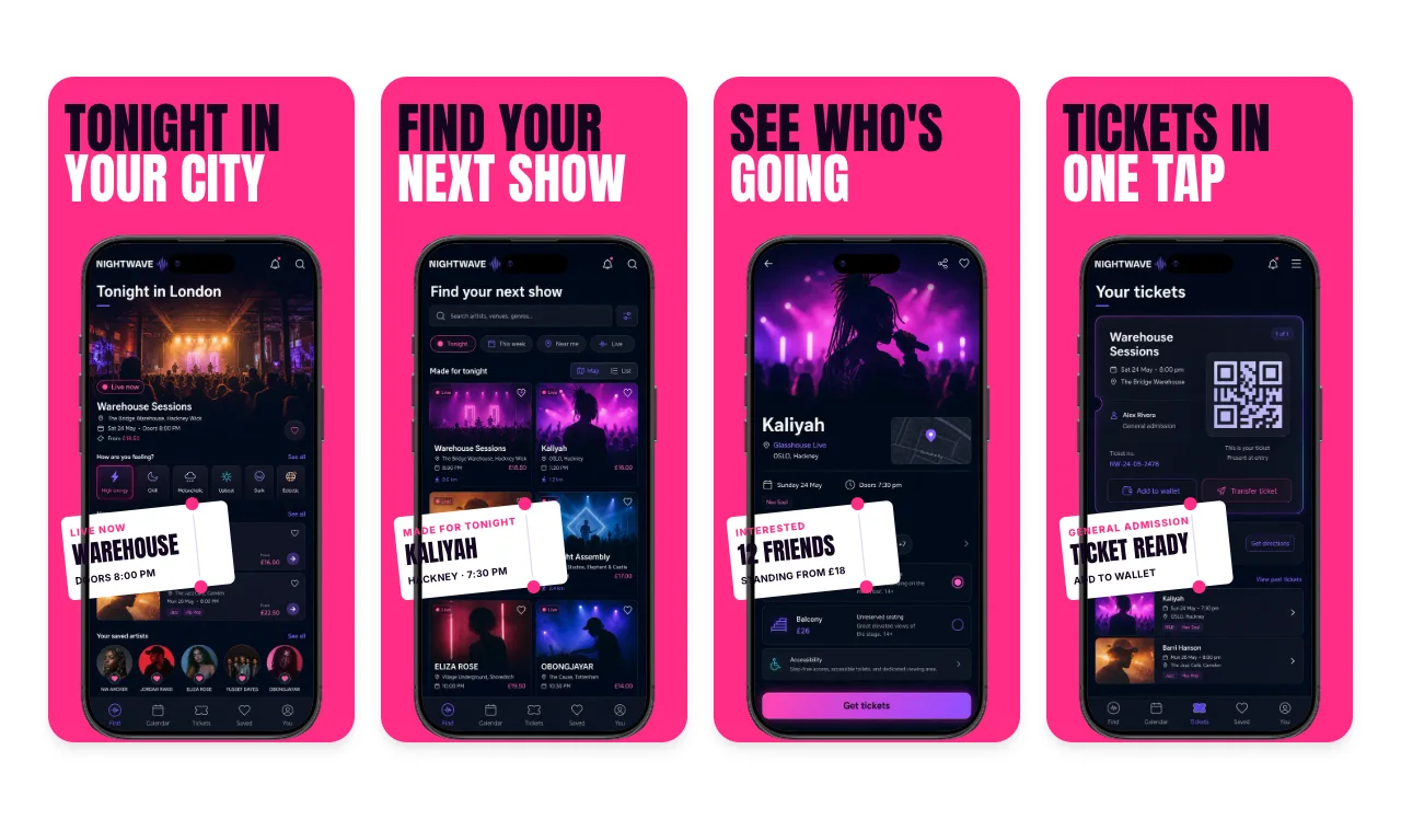 Neon Ticket App Store screenshot template for music and entertainment apps