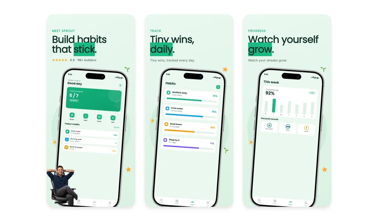 Sprout habit app design with green progress cards, habit lists, and a weekly completion view