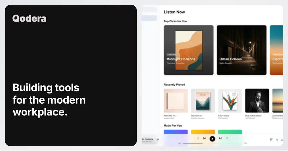 Black and white split OG image with a workplace headline beside a music application interface