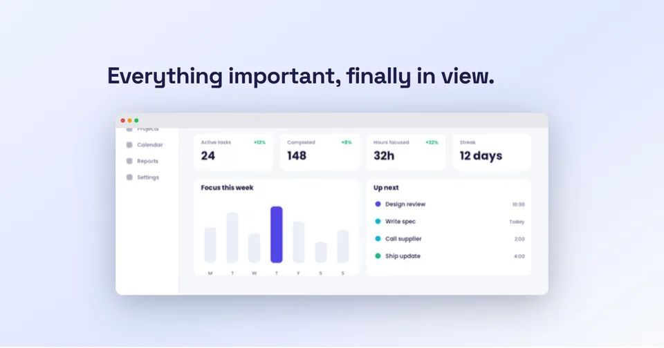 Minimal OG image showing one analytics dashboard beneath a concise headline