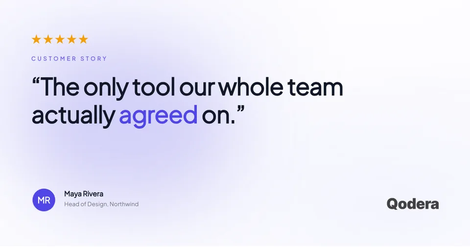 Customer quote OG image with five stars, a large testimonial, named person, role, and brand