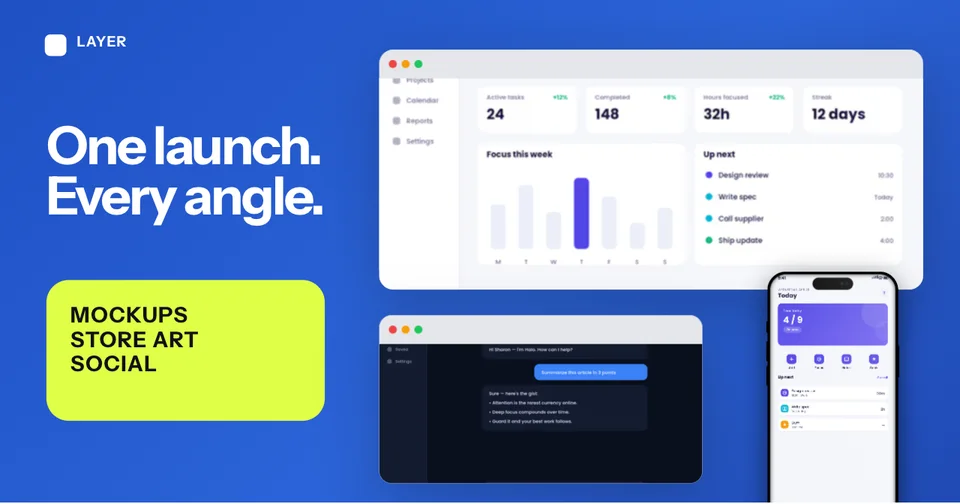 Blue OG image combining desktop, browser, and mobile product screens with a launch message