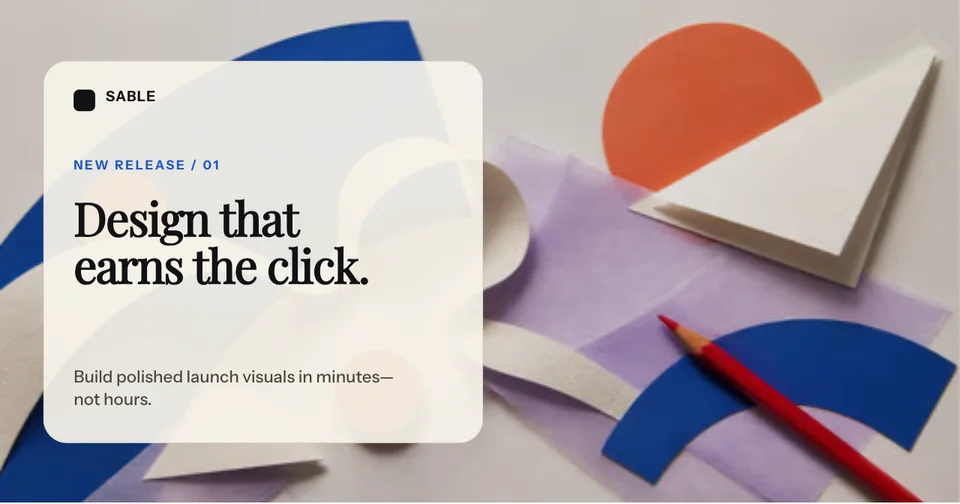 Editorial OG image with paper shapes, a pencil, a serif launch headline, and a translucent text card