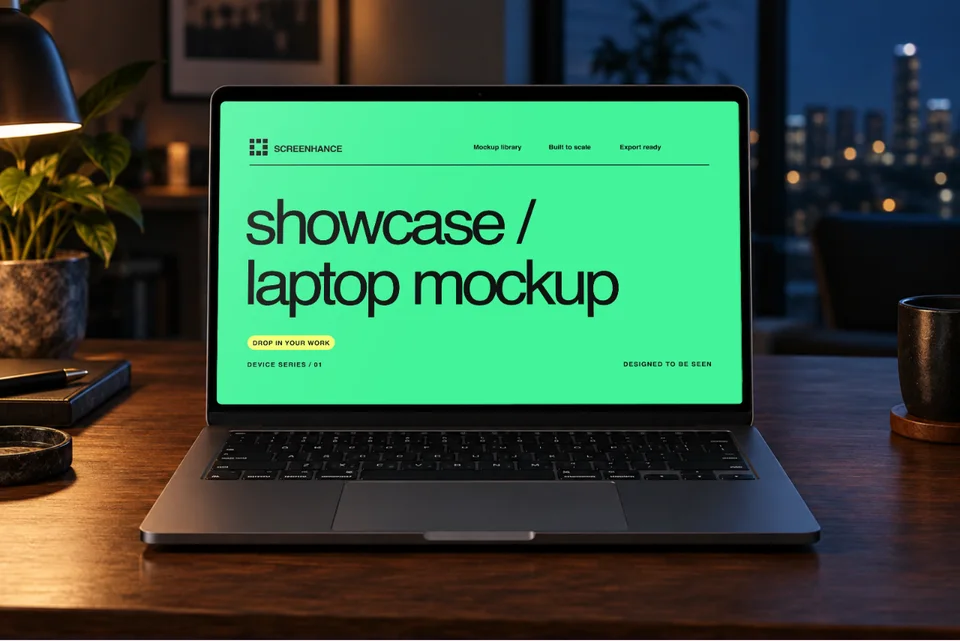 MacBook Pro, Night Workstation mockup template