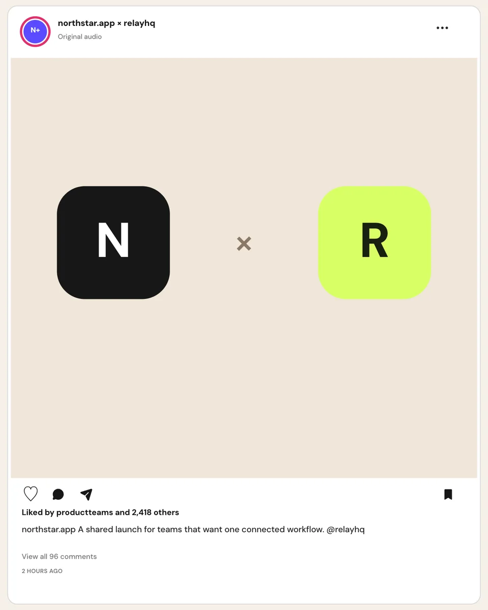 Instagram collaboration post mockup with two app marks, editable account names, product caption, and native engagement controls