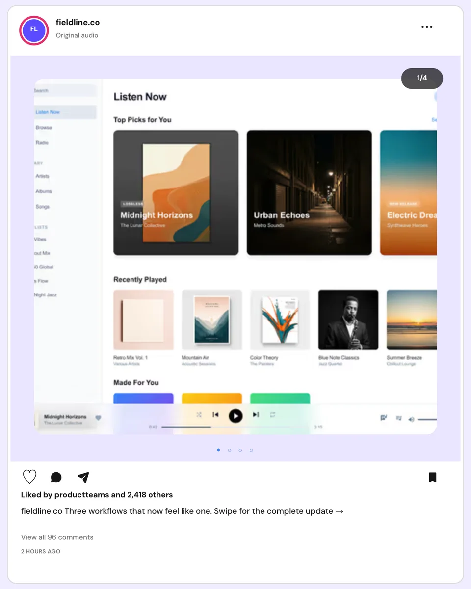 Editable Instagram carousel mockup with a product screen, slide counter, navigation dots, caption, and native feed controls