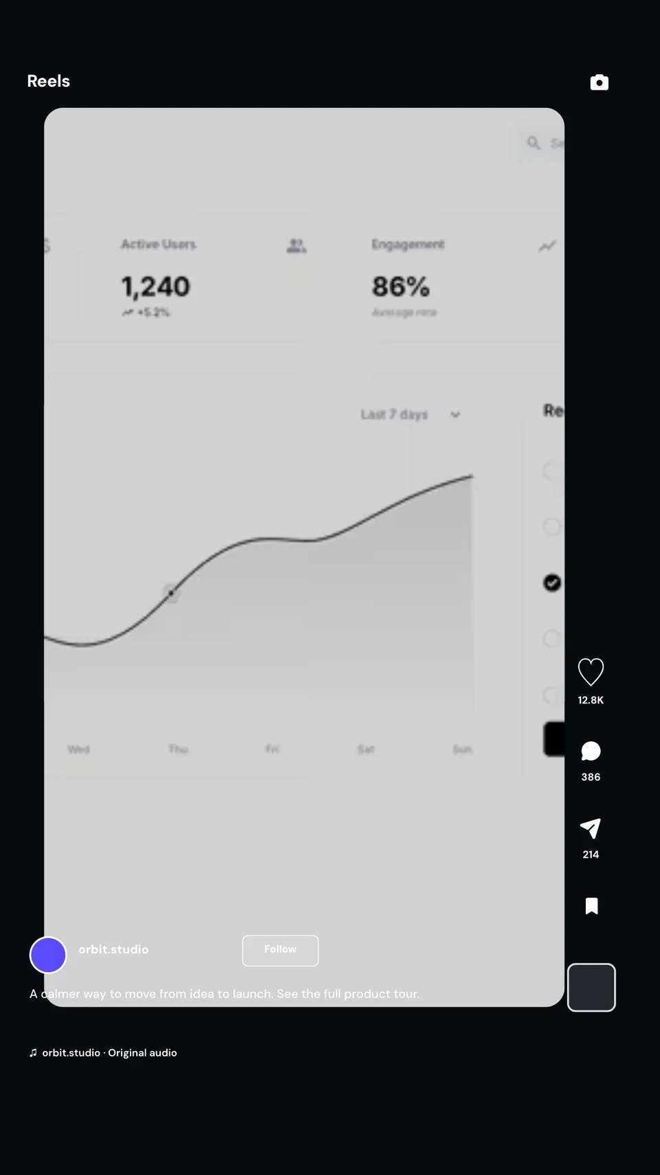 Vertical Instagram Reel preview mockup with a product video cover, creator details, caption, plays, likes, comments, and share actions