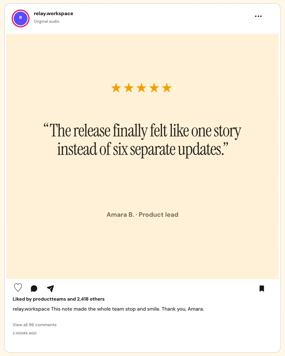 Instagram customer review mockup with five stars, a large testimonial, an abbreviated customer name, caption, and feed actions