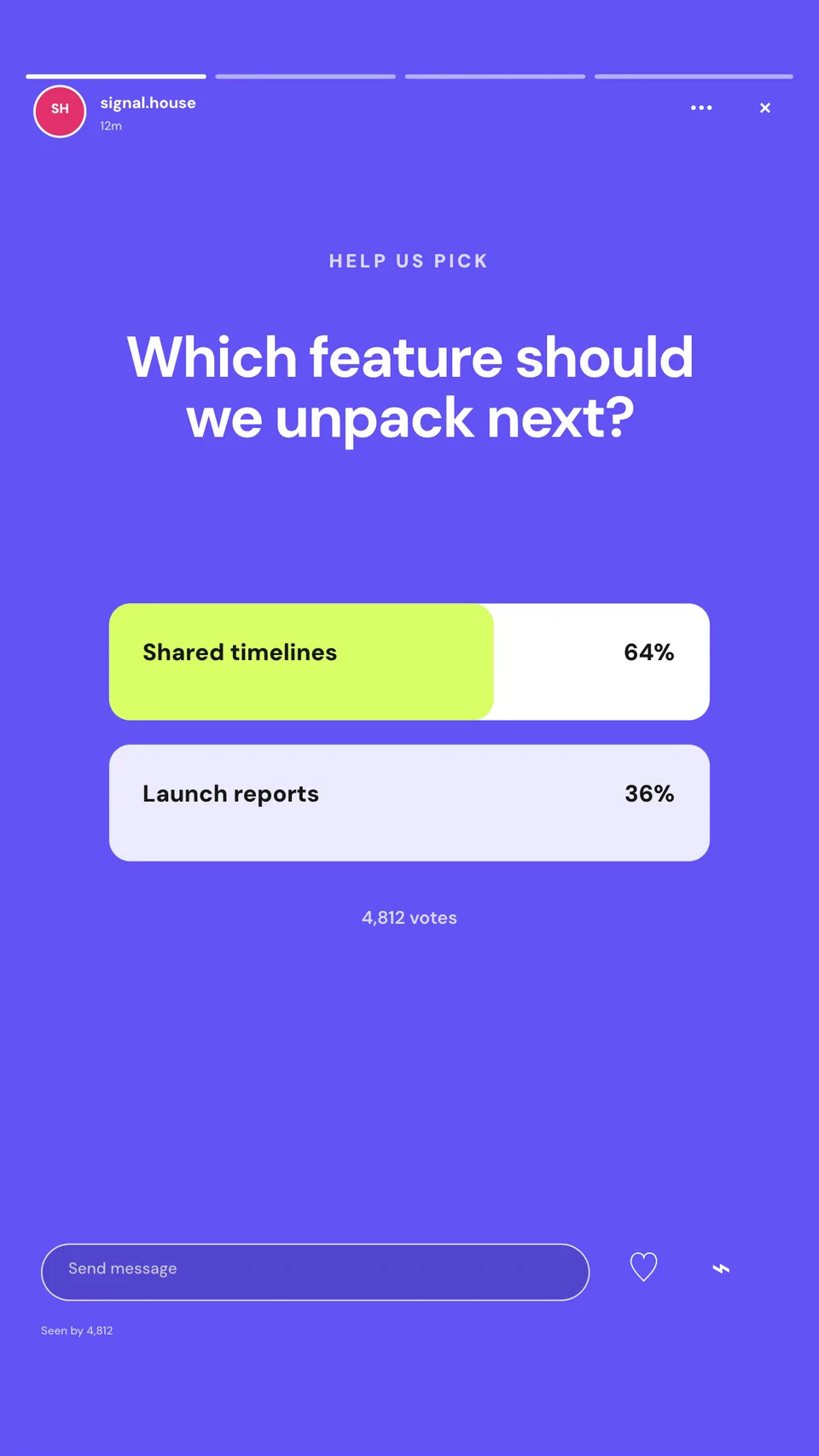 Instagram Story poll mockup with profile chrome, a product question, two answer choices, editable results, and reply controls